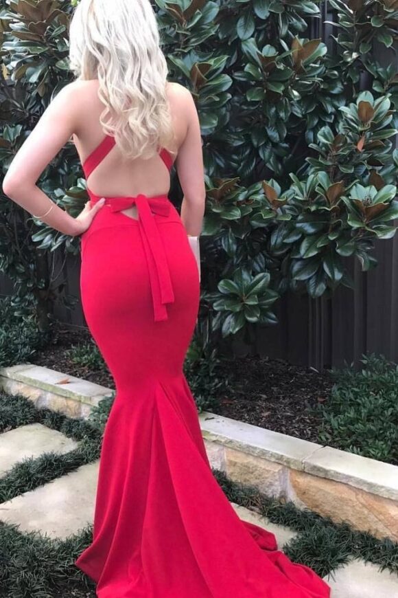Trumpet/Mermaid Jersey Sleeveless Court Train Prom Dresses Long V Neck Backless Red Prom Gown-509 Trumpet/Mermaid Jersey Sleeveless Court Train Prom Dresses Long V Neck Backless Red Prom Gown-509