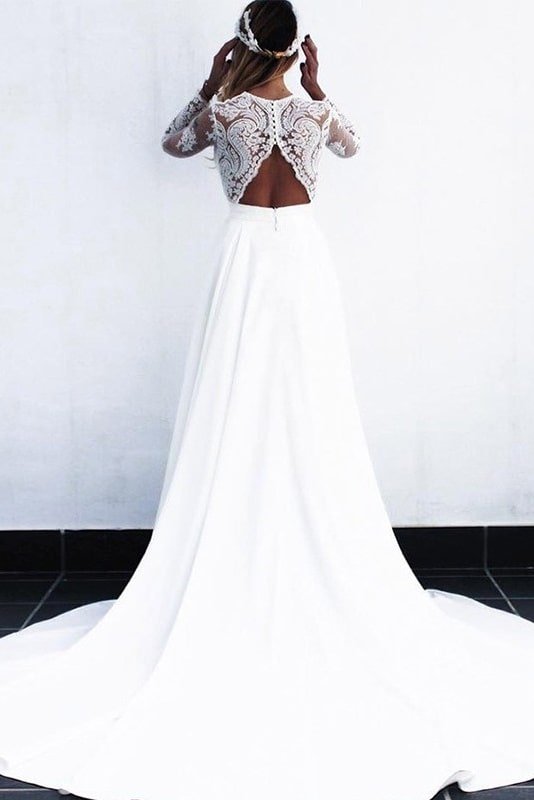 A-Line/Princess Stretch Crepe Lace V-neck Long Sleeves Sweep/Brush Train Wedding Dresses-0 A-Line/Princess Stretch Crepe Lace V-neck Long Sleeves Sweep/Brush Train Wedding Dresses-0