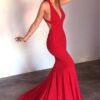 Trumpet/Mermaid Jersey Sleeveless Court Train Prom Dresses Long V Neck Backless Red Prom Gown-0