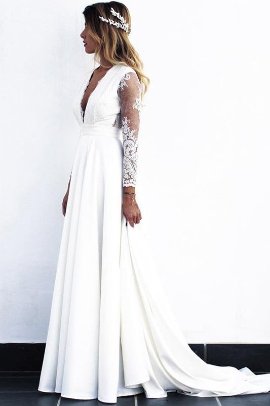 A-Line/Princess Stretch Crepe Lace V-neck Long Sleeves Sweep/Brush Train Wedding Dresses-700 A-Line/Princess Stretch Crepe Lace V-neck Long Sleeves Sweep/Brush Train Wedding Dresses-700