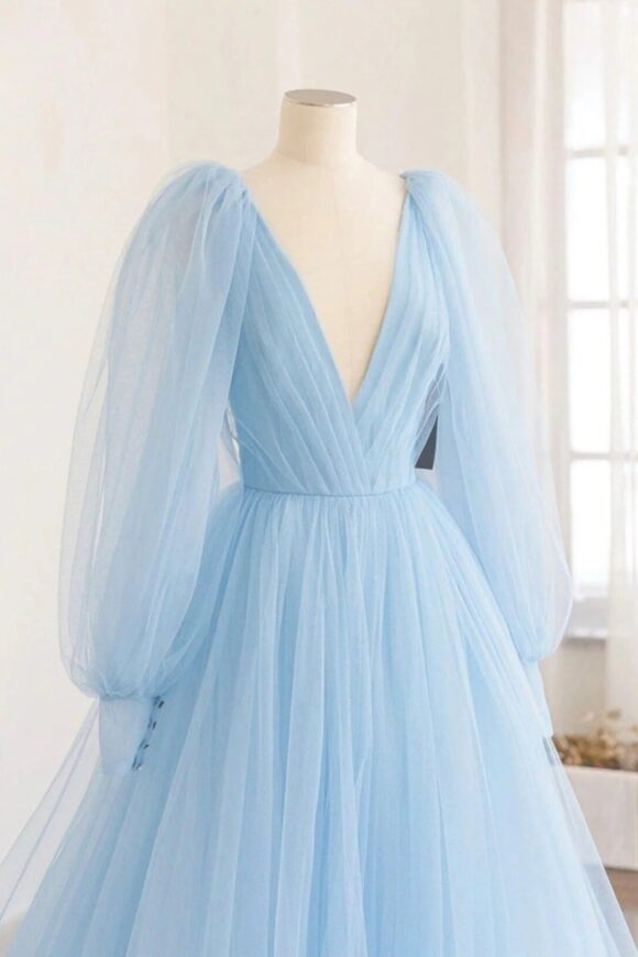 A-line Princess V Neck Full/Long Sleeve Court Train Tulle Prom Dresses-499 A-line Princess V Neck Full/Long Sleeve Court Train Tulle Prom Dresses-499