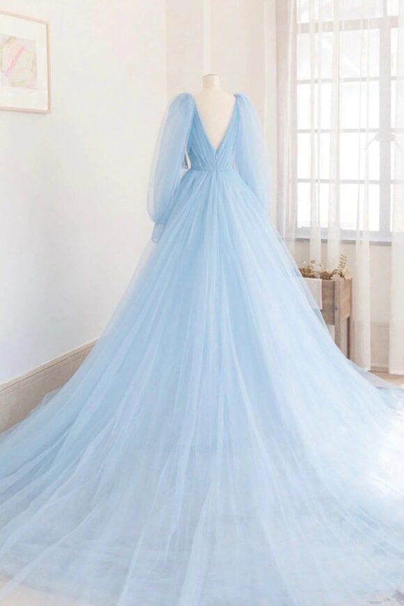 A-line Princess V Neck Full/Long Sleeve Court Train Tulle Prom Dresses-500 A-line Princess V Neck Full/Long Sleeve Court Train Tulle Prom Dresses-500