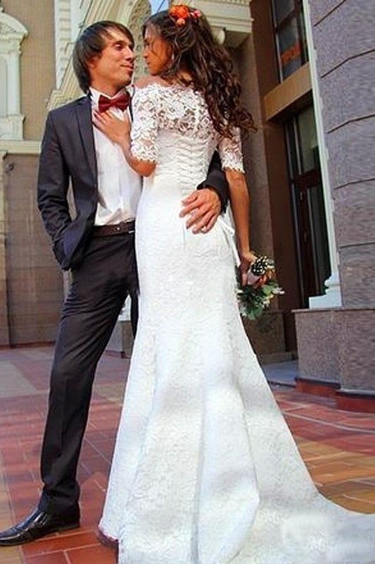 Trumpet/Mermaid Off-the-Shoulder 1/2 Sleeves Lace Court Train Wedding Dresses-702 Trumpet/Mermaid Off-the-Shoulder 1/2 Sleeves Lace Court Train Wedding Dresses-702