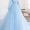 A-line Princess V Neck Full/Long Sleeve Court Train Tulle Prom Dresses-0
