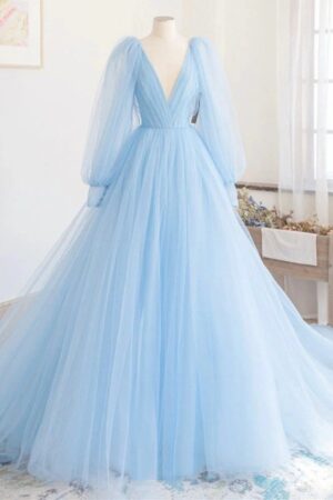 A-line Princess V Neck Full/Long Sleeve Court Train Tulle Prom Dresses-0