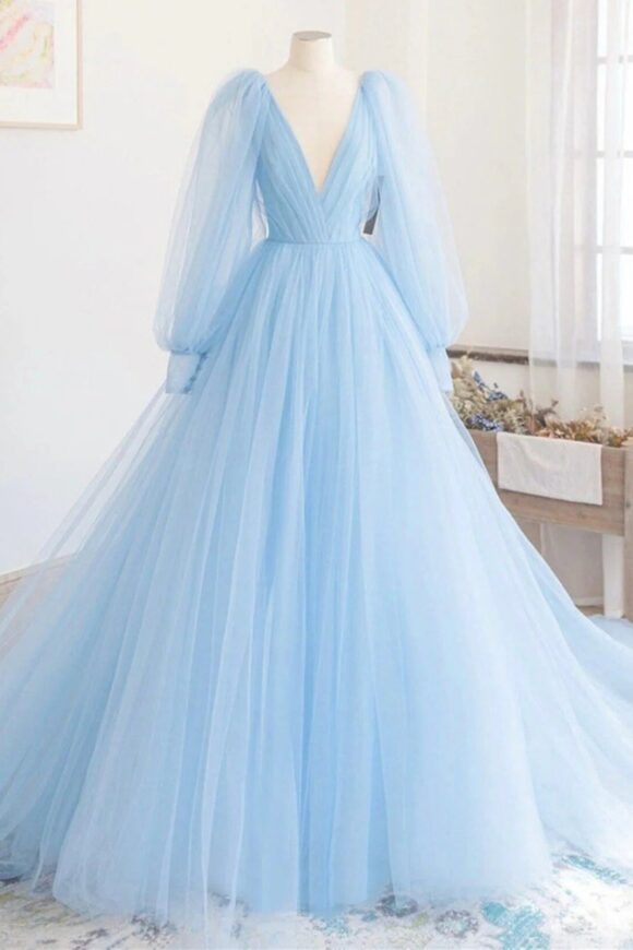 A-line Princess V Neck Full/Long Sleeve Court Train Tulle Prom Dresses-0 A-line Princess V Neck Full/Long Sleeve Court Train Tulle Prom Dresses-0