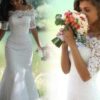 Trumpet/Mermaid Off-the-Shoulder 1/2 Sleeves Lace Court Train Wedding Dresses-0