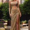 Prom Dress 2025 Gold Lace Sequins Mermaid Strapless Long Formal Dress