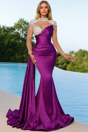 Trumpet/Mermaid Crew Neck Long Sleeve Silk Long Prom Dresses Purple Ball Gowns-0