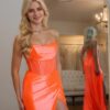 Sheath/Column Orange Silk Sleeveless Prom Dresses Long Formal Ball Gown