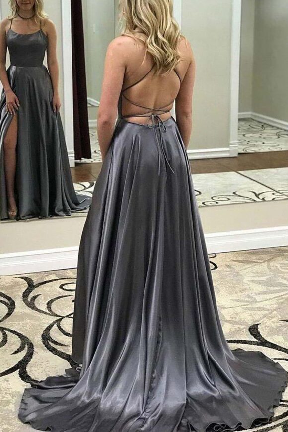 A-line Bateau Spaghetti Straps Sweep Train Charmeuse Prom Dress With Split-425 A-line Bateau Spaghetti Straps Sweep Train Charmeuse Prom Dress With Split-425