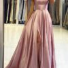 A-line Bateau Spaghetti Straps Sweep Train Charmeuse Prom Dress With Split-426