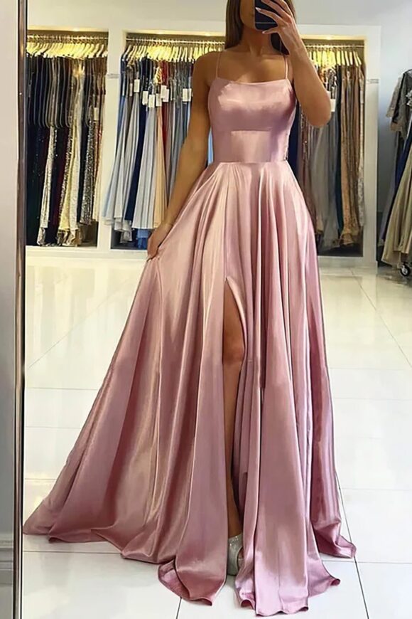 A-line Bateau Spaghetti Straps Sweep Train Charmeuse Prom Dress With Split-426 A-line Bateau Spaghetti Straps Sweep Train Charmeuse Prom Dress With Split-426