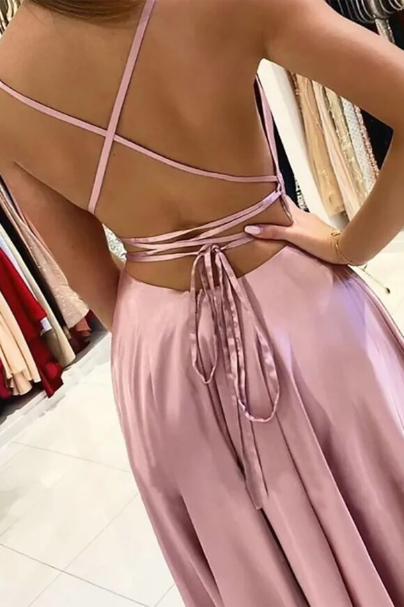 A-line Bateau Spaghetti Straps Sweep Train Charmeuse Prom Dress With Split-427 A-line Bateau Spaghetti Straps Sweep Train Charmeuse Prom Dress With Split-427