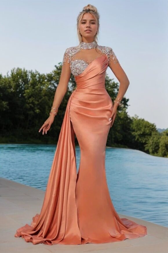 Trumpet/Mermaid Crew Neck Long Sleeve Silk Long Prom Dresses Purple Ball Gowns-785 Trumpet/Mermaid Crew Neck Long Sleeve Silk Long Prom Dresses Purple Ball Gowns-785