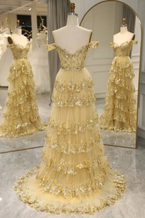 A-Line/Princess Tulle Lace Off-the-Shoulder Prom Dresses Sleeveless Long Evening Gowns-513
