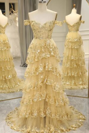 A-Line/Princess Tulle Lace Off-the-Shoulder Prom Dresses Sleeveless Long Evening Gowns-0
