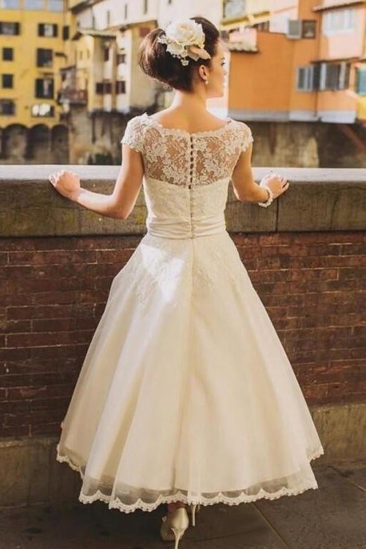 A-Line/Princess Tulle Lace Scoop Short Sleeves Tea-Length Wedding Dresses-726 A-Line/Princess Tulle Lace Scoop Short Sleeves Tea-Length Wedding Dresses-726