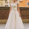 A-Line/Princess Tulle Lace Scoop Short Sleeves Tea-Length Wedding Dresses-0