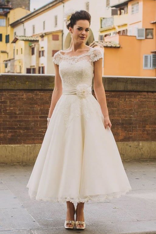 A-Line/Princess Tulle Lace Scoop Short Sleeves Tea-Length Wedding Dresses-0 A-Line/Princess Tulle Lace Scoop Short Sleeves Tea-Length Wedding Dresses-0