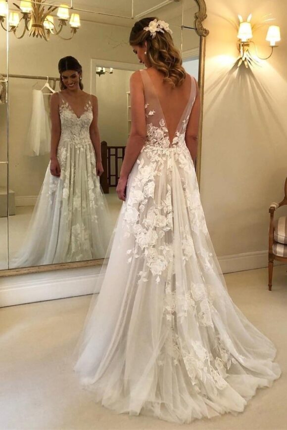 A-Line/Princess V-neck Sleeveless Sweep/Brush Train Applique Tulle Wedding Dresses-720 A-Line/Princess V-neck Sleeveless Sweep/Brush Train Applique Tulle Wedding Dresses-720