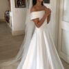 A-line/Princess Off-the-Shoulder Sleeveless Court Train Satin Wedding Dress With Bowknot Waistband-0