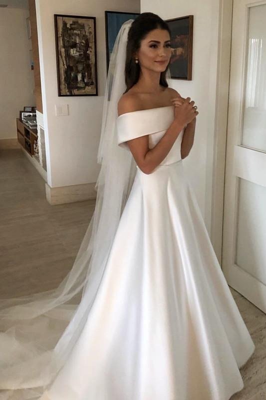 A-line/Princess Off-the-Shoulder Sleeveless Court Train Satin Wedding Dress With Bowknot Waistband-0 A-line/Princess Off-the-Shoulder Sleeveless Court Train Satin Wedding Dress With Bowknot Waistband-0