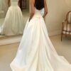 A-line Strapless Court Train Satin Wedding Dress With Waistband Pockets-733
