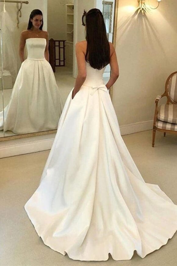 A-line Strapless Court Train Satin Wedding Dress With Waistband Pockets-733 A-line Strapless Court Train Satin Wedding Dress With Waistband Pockets-733