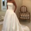 A-line Strapless Court Train Satin Wedding Dress With Waistband Pockets-0