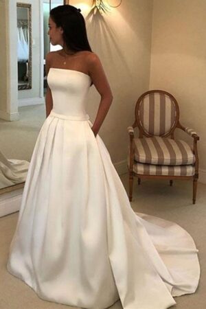 A-line Strapless Court Train Satin Wedding Dress With Waistband Pockets-0