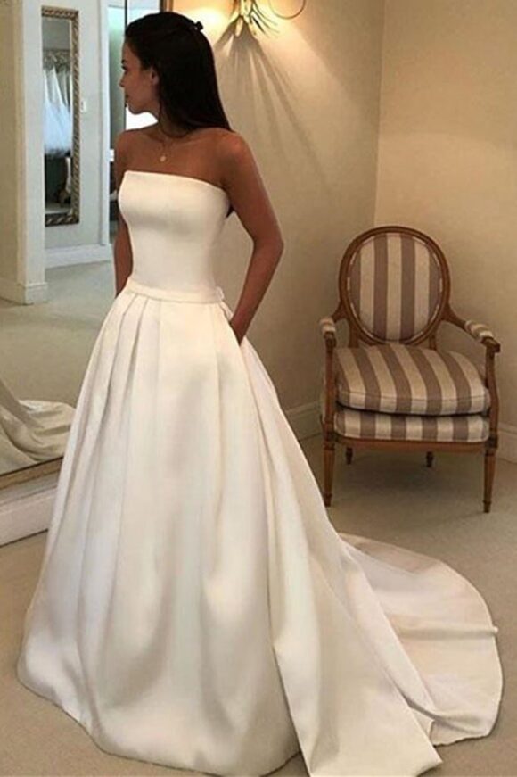 A-line Strapless Court Train Satin Wedding Dress With Waistband Pockets-0 A-line Strapless Court Train Satin Wedding Dress With Waistband Pockets-0