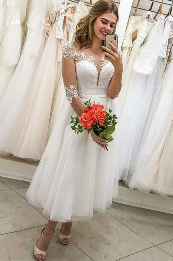 A-line Illusion Neck Half Sleeve Tea-Length Tulle Wedding Dress With Lace Waistband-0 A-line Illusion Neck Half Sleeve Tea-Length Tulle Wedding Dress With Lace Waistband-0