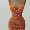 Trumpet/Mermaid Halter Sleeveless Velvet Sequins Long Prom Dresses Orange Ball Gowns-786
