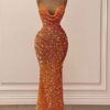 Trumpet/Mermaid Halter Sleeveless Velvet Sequins Long Prom Dresses Orange Ball Gowns-0
