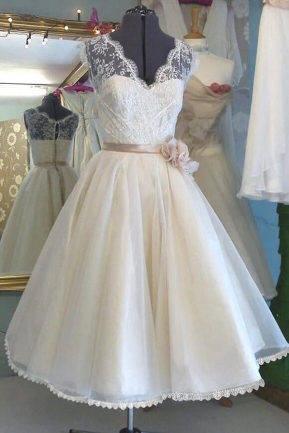 A-line/Princess V Neck Sleeveless Tea-Length Tulle Wedding Dress With Lace Flowers-0 A-line/Princess V Neck Sleeveless Tea-Length Tulle Wedding Dress With Lace Flowers-0