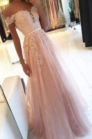 A-Line/Princess Off-the-Shoulder Sleeveless Prom Dresses Floor-Length Applique Tulle Evening Gowns-0