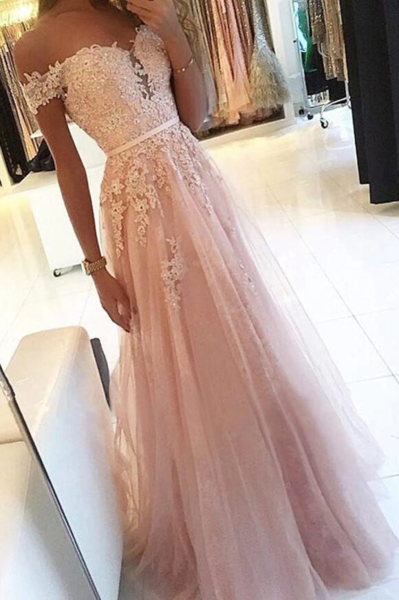 A-Line/Princess Off-the-Shoulder Sleeveless Prom Dresses Floor-Length Applique Tulle Evening Gowns-0 A-Line/Princess Off-the-Shoulder Sleeveless Prom Dresses Floor-Length Applique Tulle Evening Gowns-0
