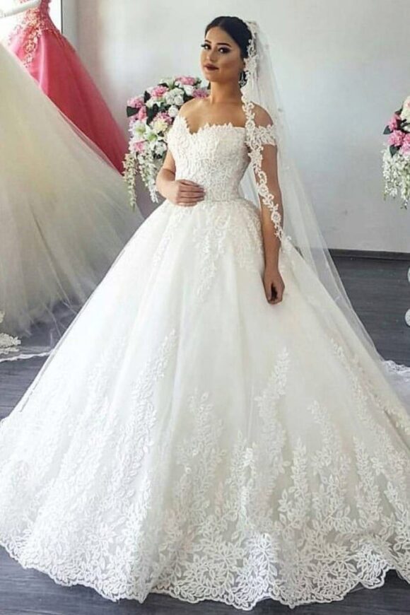 Ball Gown Off-the-Shoulder Sleeveless Sweep/Brush Train Lace Tulle Wedding Dresses-723 Ball Gown Off-the-Shoulder Sleeveless Sweep/Brush Train Lace Tulle Wedding Dresses-723