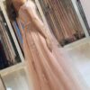 A-Line/Princess Off-the-Shoulder Sleeveless Prom Dresses Floor-Length Applique Tulle Evening Gowns-536