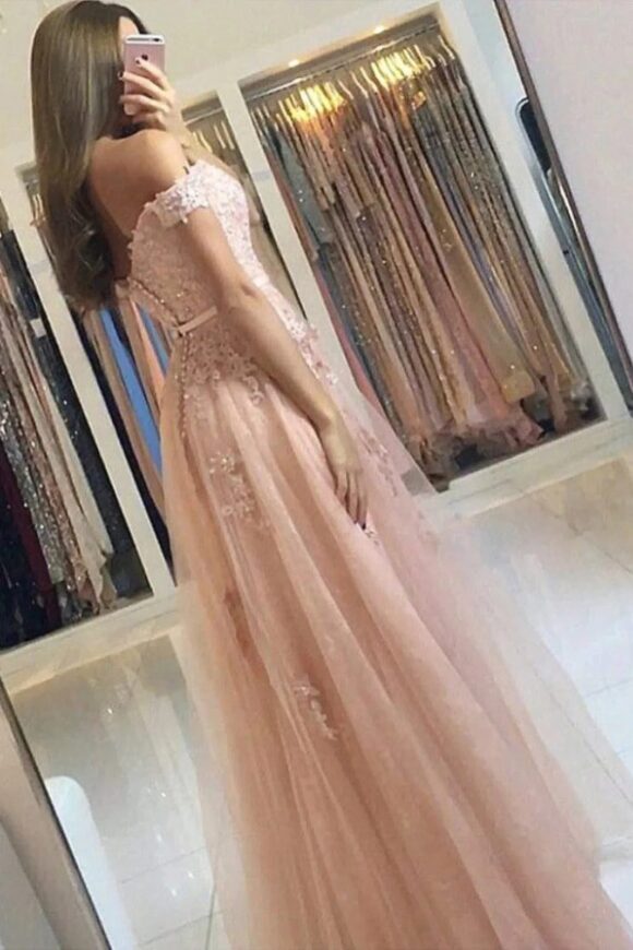 A-Line/Princess Off-the-Shoulder Sleeveless Prom Dresses Floor-Length Applique Tulle Evening Gowns-536 A-Line/Princess Off-the-Shoulder Sleeveless Prom Dresses Floor-Length Applique Tulle Evening Gowns-536