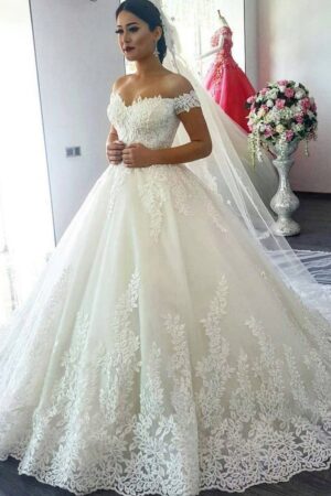 Ball Gown Off-the-Shoulder Sleeveless Sweep/Brush Train Lace Tulle Wedding Dresses-0