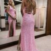 Sheath/Column Velvet Sequins One-Shoulder Long Sleeves Prom Dresses Long Pink Formal Evening Gowns