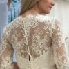 A-line V Neck 3/4 Sleeve Tulle Lace Tea-Length Wedding Dress With Waistband Flower-737
