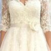 A-line V Neck 3/4 Sleeve Tulle Lace Tea-Length Wedding Dress With Waistband Flower-738