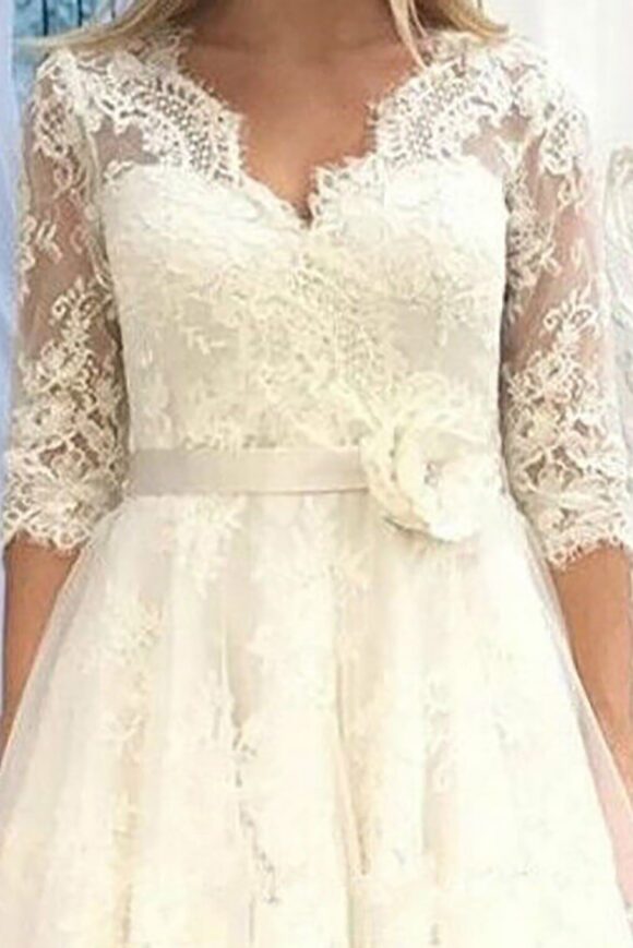 A-line V Neck 3/4 Sleeve Tulle Lace Tea-Length Wedding Dress With Waistband Flower-738 A-line V Neck 3/4 Sleeve Tulle Lace Tea-Length Wedding Dress With Waistband Flower-738