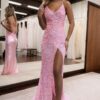 Sheath/Column Velvet Sequins One-Shoulder Long Sleeves Prom Dresses Long Pink Formal Evening Gowns