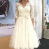 A-line V Neck 3/4 Sleeve Tulle Lace Tea-Length Wedding Dress With Waistband Flower-0