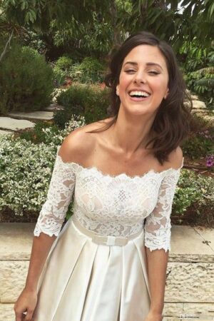 A-line/Princess Off-the-Shoulder Half Sleeve Asymmetrical Satin Wedding Dress With Lace-742