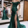 Trumpet/Mermaid Elastic Woven Satin Ruched Off-the-Shoulder Prom Dresses Sleeveless Long Green Evening Gowns-0